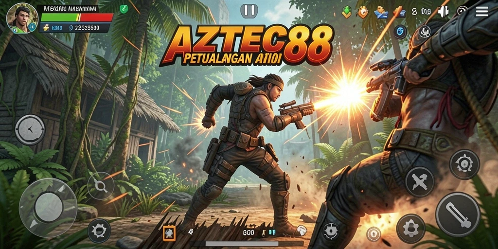 Tampilan menegangkan dari gameplay AZTEC88 saat bertarung melawan musuh.