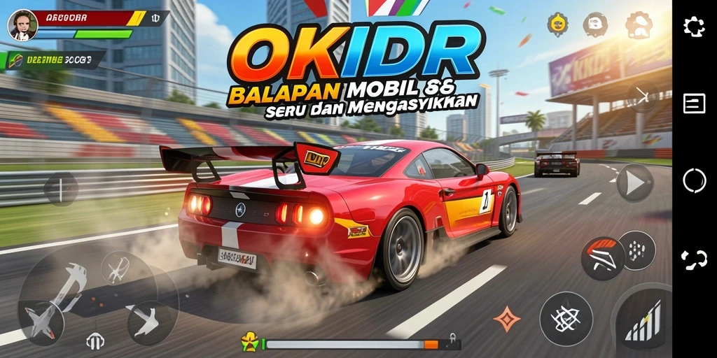 Tampilan balapan menegangkan dengan mobil melaju cepat di sirkuit.